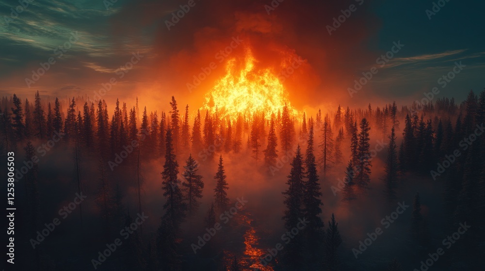 Fototapeta premium Fiery forest fire engulfing trees in fog.