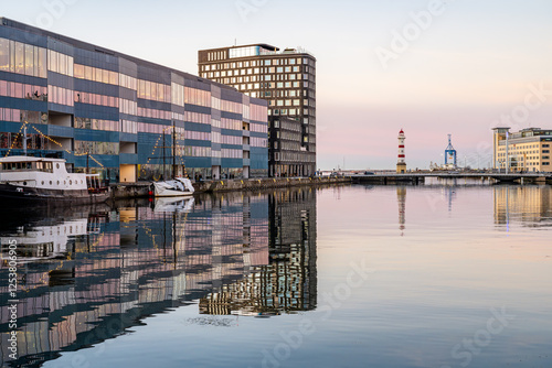 A view to Inre hamnen at sundown with reflections