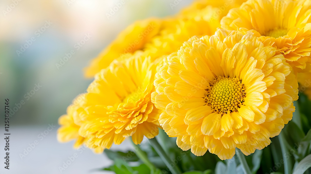 Yellow chrysanthemum bouquet, close-up, blurred background, home decor Yellow chrysanthemum bouquet, close-up, blurred background, home decor