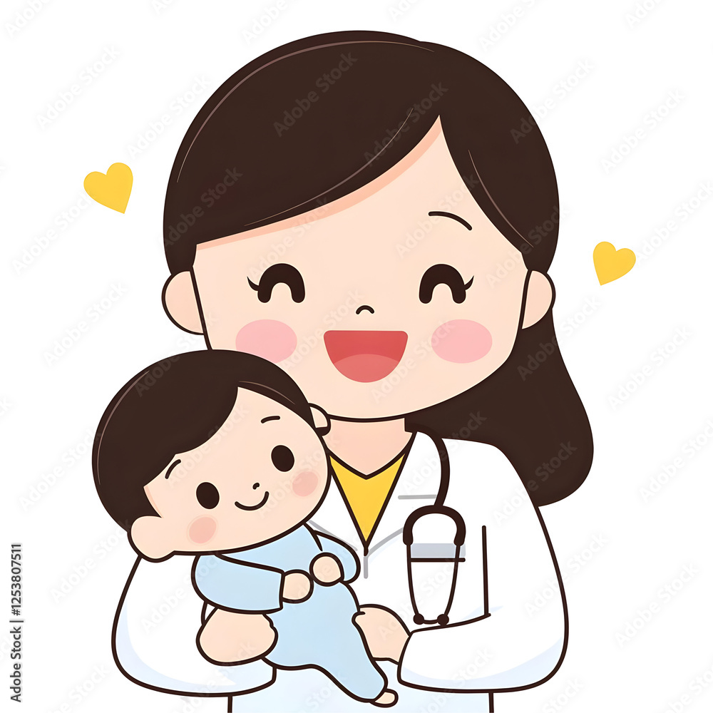Cheerful Pediatrician Holding Baby in White Coat and Stethoscope Cheerful Pediatrician Holding Baby in White Coat and Stethoscope