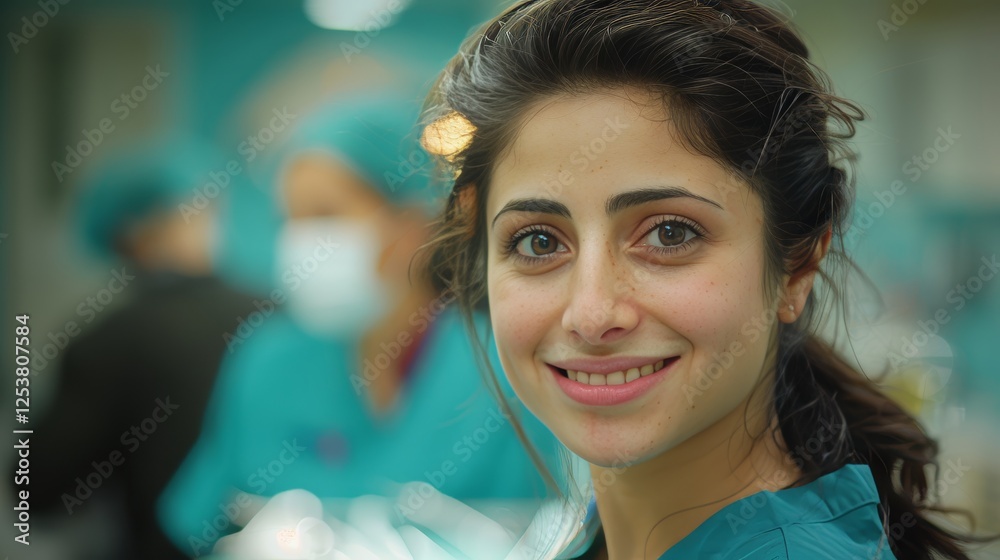 Smiling female dentist in modern clinic with advanced equipment and professional care team Smiling female dentist in modern clinic with advanced equipment and professional care team