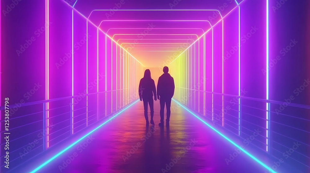 Synthwave-inspired people with cyberpunk fashion, neon lighting, and abstract futuristic city background, glowing in vibrant colors, digital painting illustration style Synthwave-inspired people with cyberpunk fashion, neon lighting, and abstract futuristic city background, glowing in vibrant colors, digital painting illustration style
