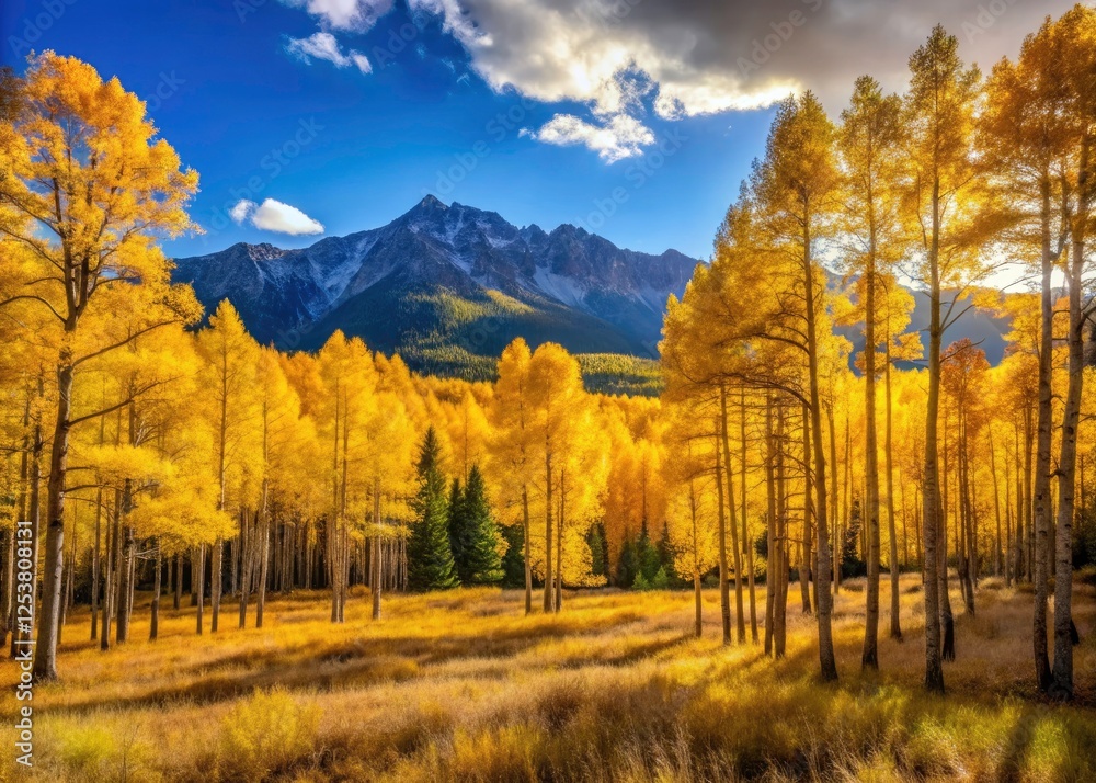 Fototapeta premium Aspen's fiery hues blaze across Coconino's panoramic autumn landscape.