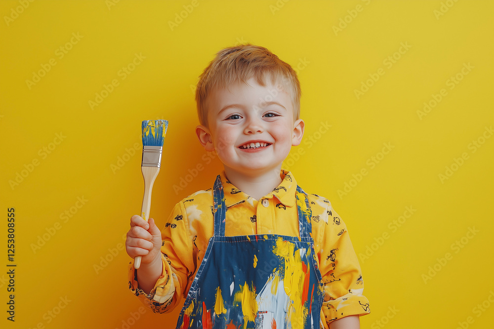 boy with Down syndrome, holding a paintbrush like he is going to paint . child is wearing an apron with prints against bright, solid yellow background boy with Down syndrome, holding a paintbrush like he is going to paint . child is wearing an apron with prints against bright, solid yellow background