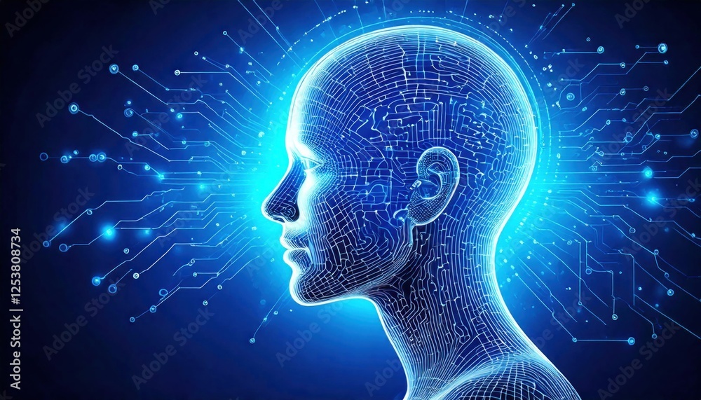 Obraz premium Conceptual image of human head with digital circuits, representing innovation and AI.