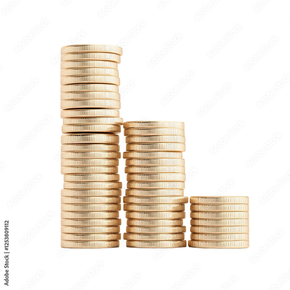 Stacks of Golden Coins Arranged in a Neat Tower on a White Background Stacks of Golden Coins Arranged in a Neat Tower on a White Background