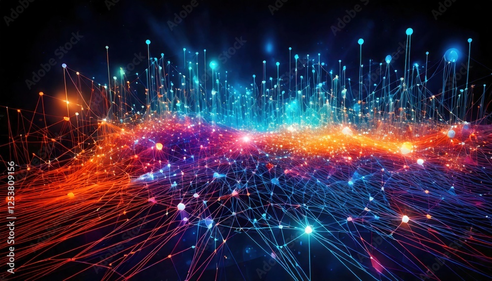 Obraz premium Vibrant digital wave with sparkling connections in a dark background.