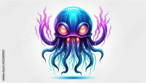 glowing jellyfish monster mascot logo with pulsing light illustration on a white background  photo