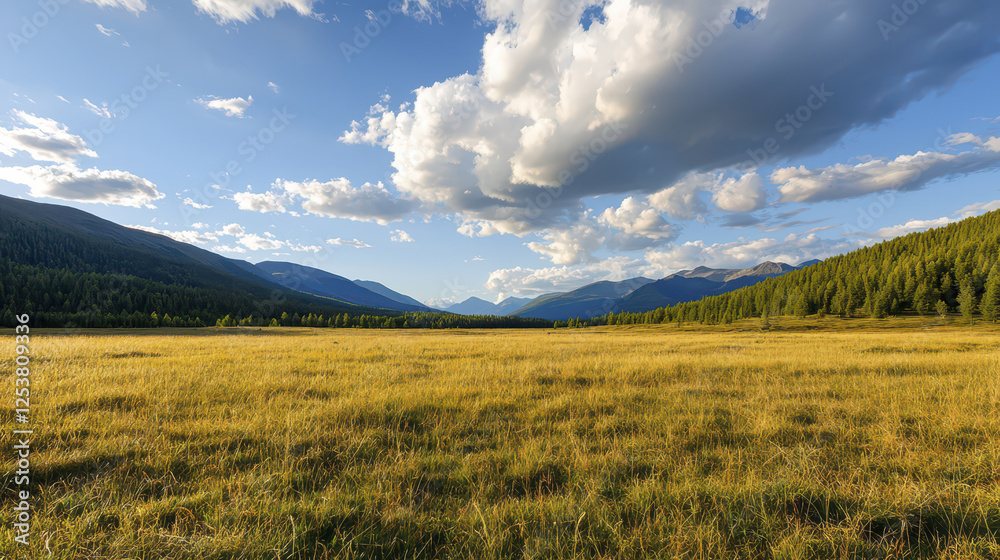 Fototapeta premium Breathtaking panoramic landscape with mountains, clouds, and grassland
