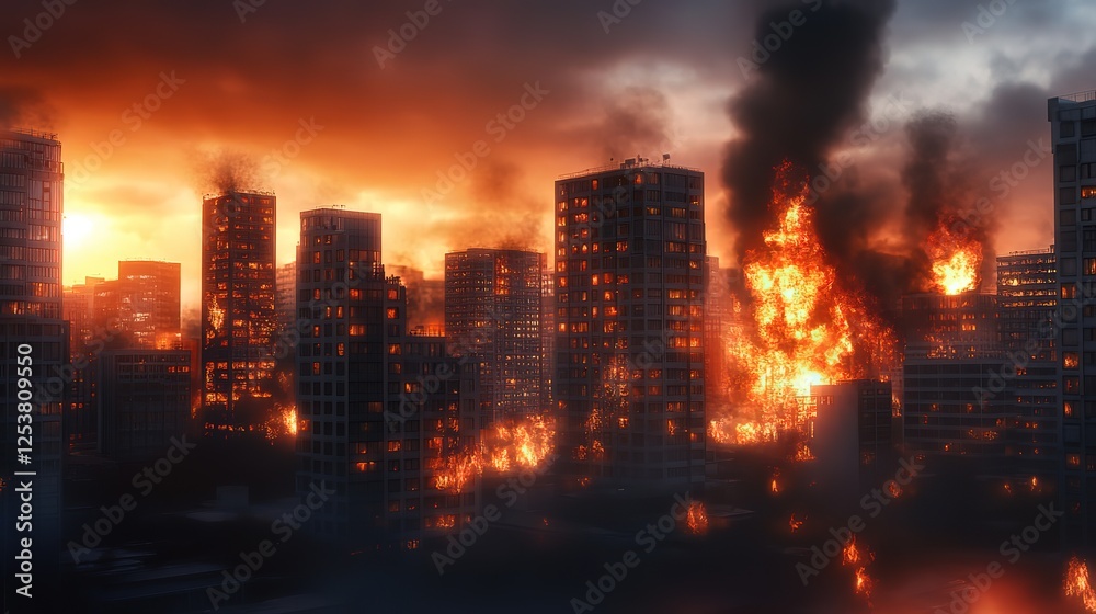 Obraz premium burning city in flame fire and smoke at night time 