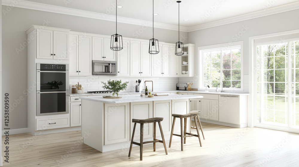 Fototapeta premium Bright and airy contemporary kitchen with white cabinets and wooden stools, featuring natural light and modern appliances