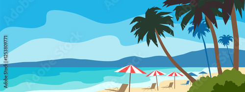 tropical beach palm trees loungers umbrellas  summer seascape vector illustration