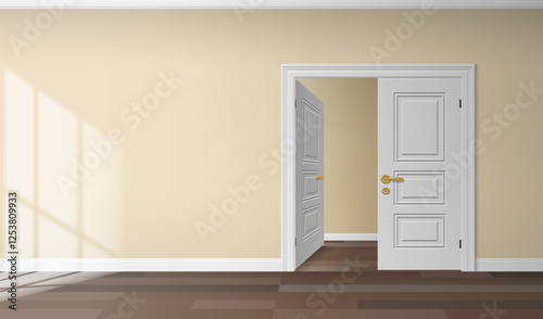 empty room classic interior design with open double door window light effect vector illustration