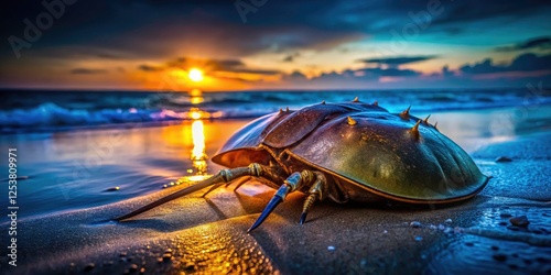 Atlantic horseshoe crab's bioluminescence captured at night, a shadowy beach encounter. photo