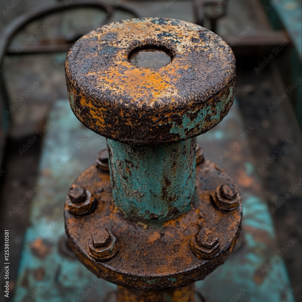 Detailed Texture of Rusty Metal Pipe with Bold Colors, Close-up Shot Featuring Circular Bolt and Weathered Surface, Industrial Aesthetic Approach Detailed Texture of Rusty Metal Pipe with Bold Colors, Close-up Shot Featuring Circular Bolt and Weathered Surface, Industrial Aesthetic Approach