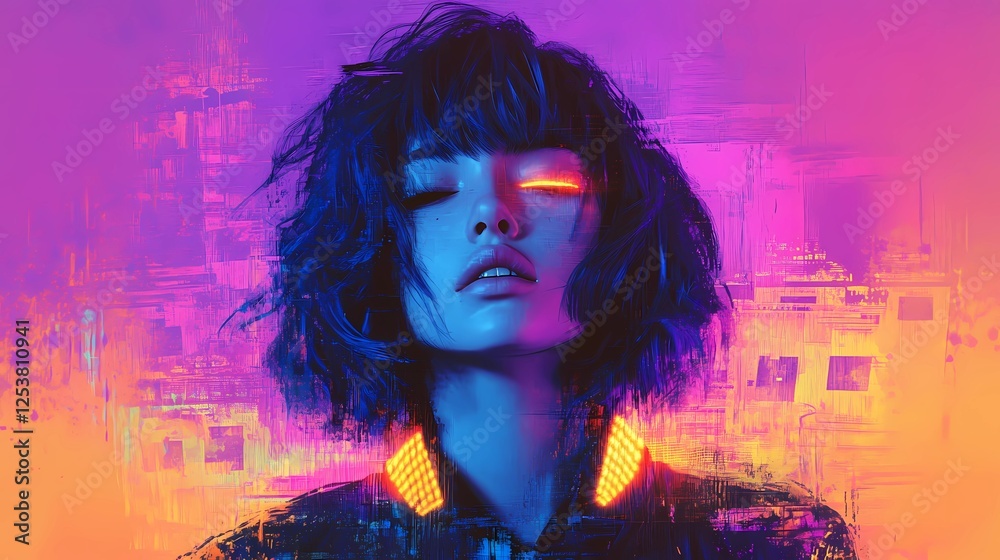 Neon-lit futuristic figures in synthwave aesthetic, glowing city reflections, and digital cyberpunk atmosphere, evoking sci-fi nostalgia, retro book illustration style Neon-lit futuristic figures in synthwave aesthetic, glowing city reflections, and digital cyberpunk atmosphere, evoking sci-fi nostalgia, retro book illustration style