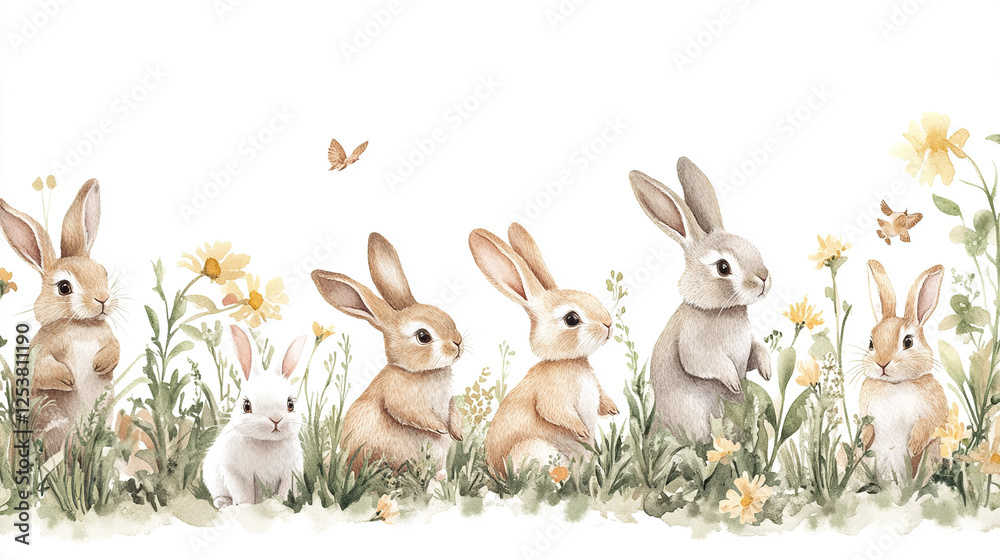 Obraz premium Charming Watercolor Bunnies in Floral Meadow