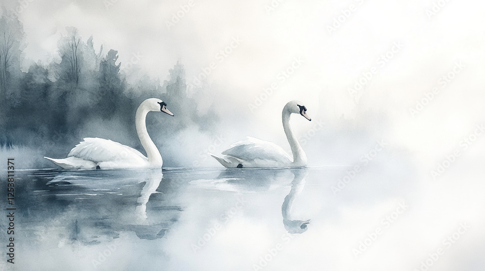 Obraz premium Elegant Swans on Misty Lake Watercolor