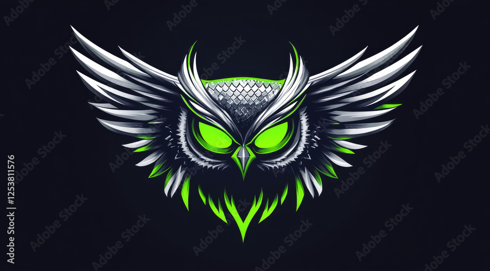 Obraz premium Glowing Owl Logo, Wings Spread, Dark Background, Gaming Mascot