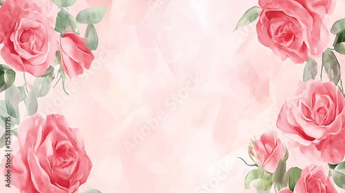Pink roses border, pastel background, invitation