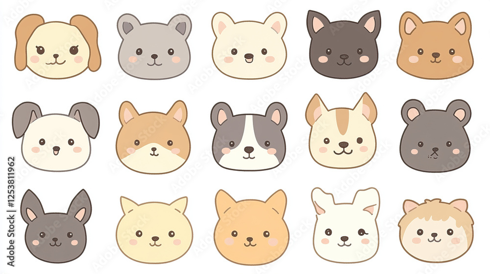 Fototapeta premium Cute Kawaii Dog Faces in Pastel Colors