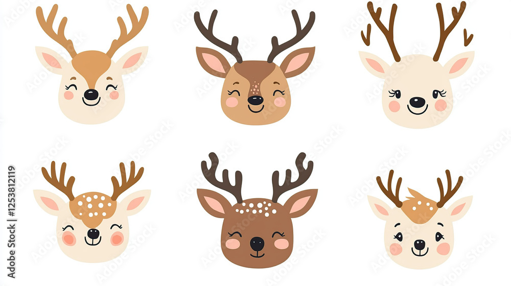 Fototapeta premium Cute Kawaii Deer Faces in Pastel Browns and Creams