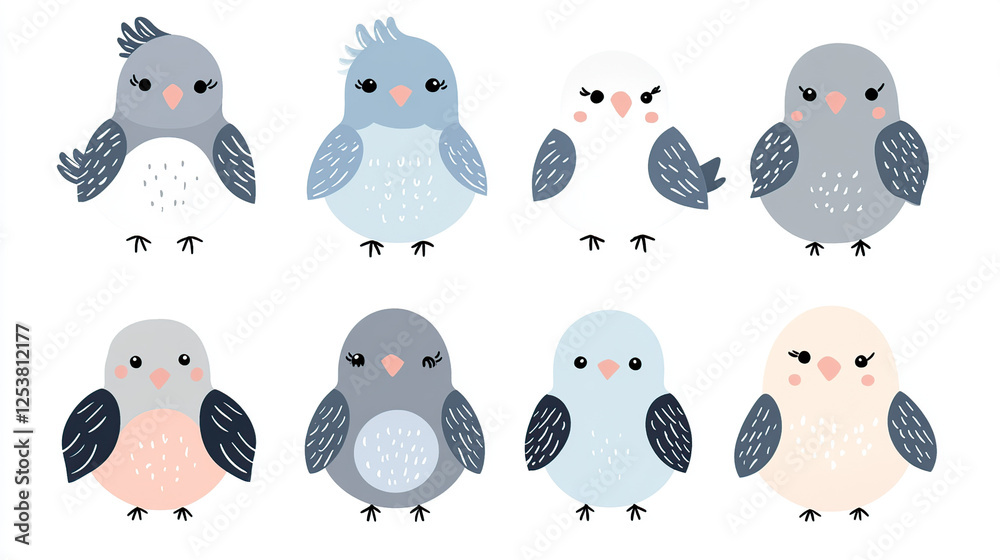 Obraz premium Cute Kawaii Pigeon Faces in Pastel Colors
