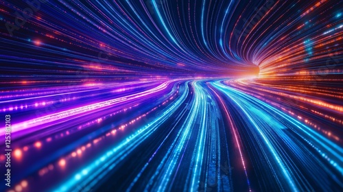 Futuristic digital highway with neon light trails in blue, purple, and orange tones, representing fast data transmission, high-speed internet, and advanced technology. Ideal for AI, cybersecurity