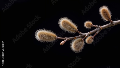 Obraz na płótnie A single sprig of willow on a dark background, creating contrast and emphasising the texture of the fluffy buds, Palm Sunday w salonie