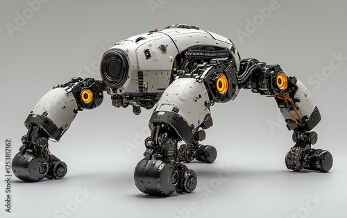 Futuristic quadrupedal robot, white and black, detailed design, isolated on gray background.