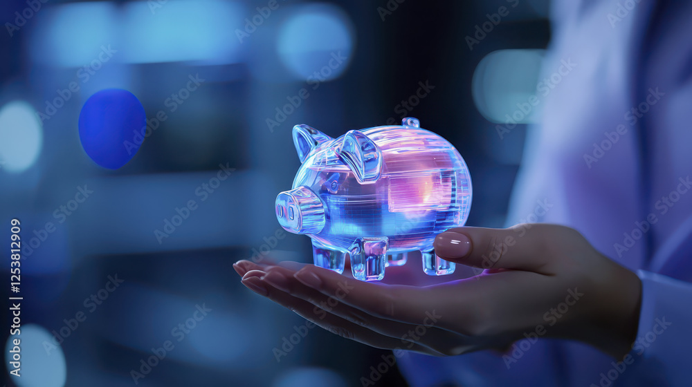 businesswoman holds digital piggy bank, symbolizing savings and finance. glowing design reflects modern technology and