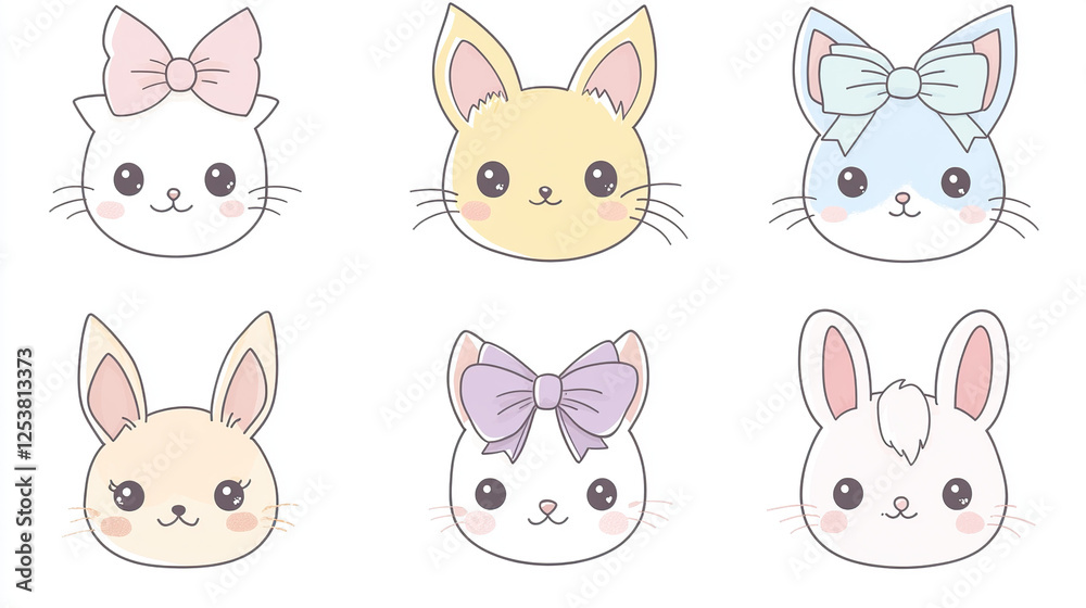 Fototapeta premium Cute Kawaii Pastel Animal Faces with Bows