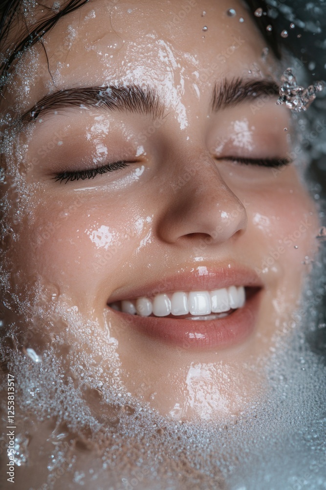 A serene and tranquil image capturing a woman in a moment of joyous relaxation, submerged in a bubbly bath with water droplets flying around her face, her eyes closed in blissful contentment. The soft A serene and tranquil image capturing a woman in a moment of joyous relaxation, submerged in a bubbly bath with water droplets flying around her face, her eyes closed in blissful contentment. The soft