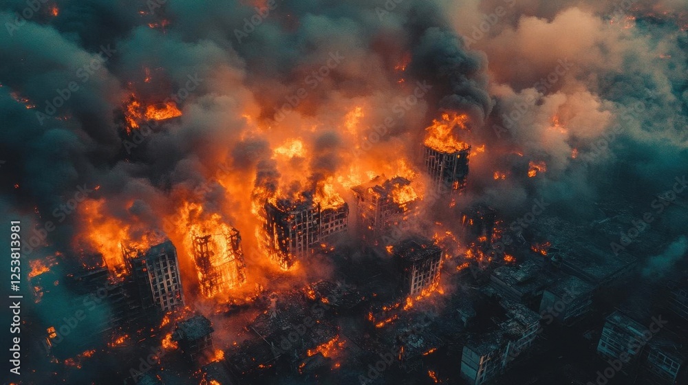 Apocalyptic Cityscape Engulfed in Firestorm with Collapsed Buildings and Ash Clouds Apocalyptic Cityscape Engulfed in Firestorm with Collapsed Buildings and Ash Clouds
