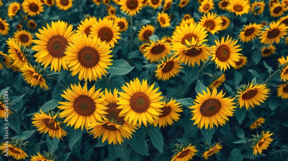 Field of sunflowers in full bloom, vibrant yellow petals against a backdrop of lush green leaves. Field of sunflowers in full bloom, vibrant yellow petals against a backdrop of lush green leaves.