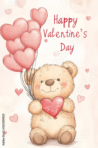 Soft teddy bear clutching heart-shaped balloons, holding love-inscribed heart, symbolizing romantic Valentine's Day sentiment