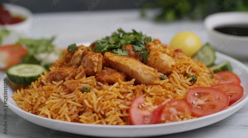 A tantalizing view of a mouthwatering Indian meal, featuring chicken tikka masala served over fluffy white rice garnished with chopped fresh cilantro. Accompanied by refreshing slices of lemon and a A tantalizing view of a mouthwatering Indian meal, featuring chicken tikka masala served over fluffy white rice garnished with chopped fresh cilantro. Accompanied by refreshing slices of lemon and a