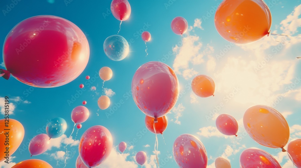 Fototapeta premium Colorful balloons floating against a clear blue sky on a sunny day