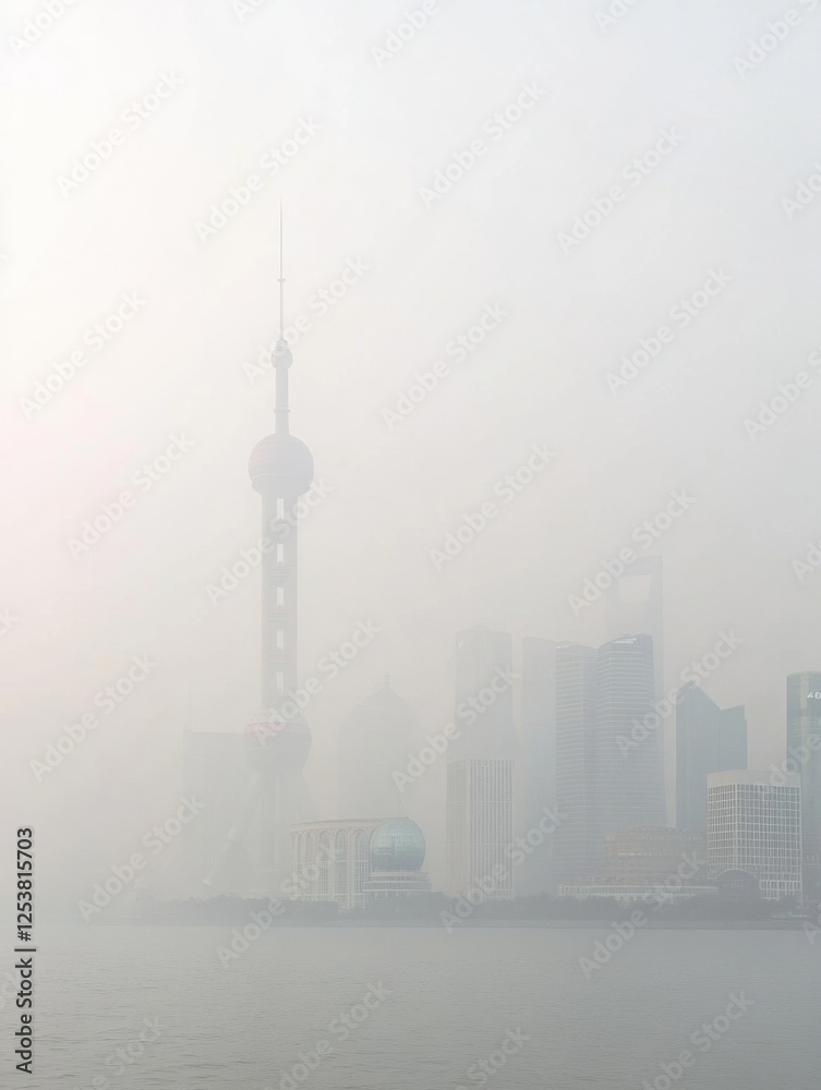 Obraz premium City skyline obscured by smog with industrial chimneys emitting thick smoke in urban landscape during hazy weather. Generative AI