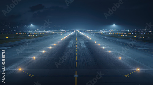 Captivating nighttime airport runway with illuminated lights and clear sky
