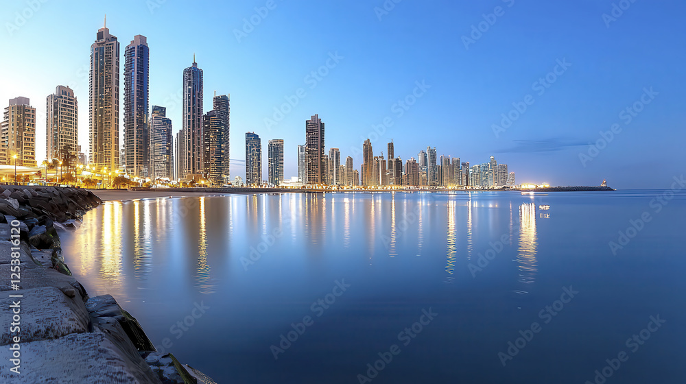 Fototapeta premium stunning skyline of Dubai at dusk, showcasing modern skyscrapers reflecting on calm waters