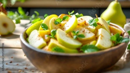 Refreshing Salad Crisp Apple Pear and Vegetables in a Fresh, Healthy Rustic Wooden Bowl on a Natural Table