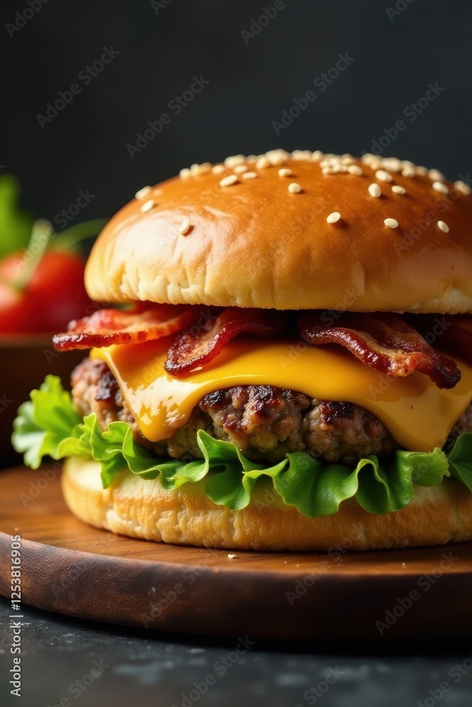 Juicy patty, melted cheese, crisp bacon, all the fixings, burger, food, lettuce Juicy patty, melted cheese, crisp bacon, all the fixings, burger, food, lettuce