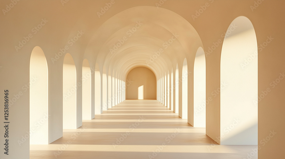 Naklejka premium Elegant corridor with symmetrical arches and soft sunlight