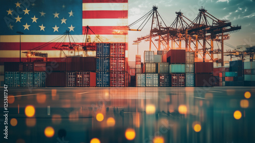 Cargo containers towering at bustling port, American flag highlighting global shipping industry and maritime commerce
