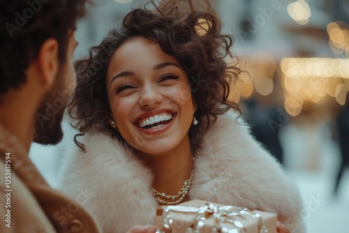 Happy woman receiving christmas gift from her boyfriend at christmas market