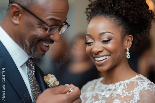 Father giving away daughter at wedding ceremony smiling and holding hands