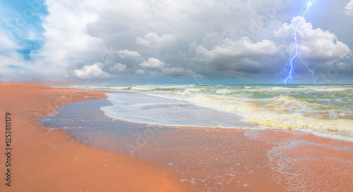 Namib desert with Atlantic ocean meets near Skeleton coast with lightning - Namibia, South Africa photo