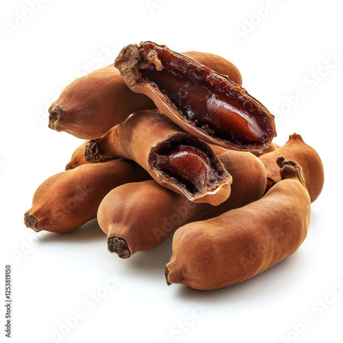 Fresh sweet tamarinds arranged in a small pile, with their cracked pods revealing the sticky, rich pulp inside, on a clean white background  photo