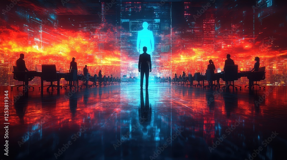 Obraz premium A futuristic scene depicting silhouettes in a tech-driven environment with digital displays.